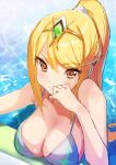  1girl alternate_hairstyle bangs bikini breasts cleavage from_above green322 highres hikari_(xenoblade_2) looking_at_viewer orange_eyes ponytail pool poolside smile solo swept_bangs swimsuit tiara upper_body water white_background white_bikini xenoblade_(series) xenoblade_2 