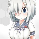  1girl blue_eyes blue_sailor_collar breasts commentary_request cosplay gloves hair_ornament hair_over_one_eye hairclip hamakaze_(kantai_collection) honeycomb_(pattern) honeycomb_background kantai_collection large_breasts ouno_(nounai_disintegration) puffy_short_sleeves puffy_sleeves sailor_collar sailor_shirt shirt short_hair short_sleeves silver_hair solo undersized_clothes upper_body white_background white_gloves yashiro_(kantai_collection) yashiro_(kantai_collection)_(cosplay) 