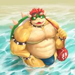  1:1 2020 anthro belly bowser bulge clothing humanoid_hands koopa m7 male mario_bros moobs nintendo outside overweight overweight_anthro overweight_male scalie solo swimwear video_games water 