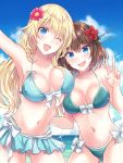 2girls ;d arm_up armpits atago_(kantai_collection) bangs bare_shoulders beach bikini bikini_skirt blonde_hair blue_bikini blue_eyes blush breasts brown_hair cleavage cloud collarbone commentary_request day flower green_eyes hair_between_eyes hair_ornament halter_top halterneck headgear kabocha_torute kantai_collection large_breasts long_hair looking_at_viewer maya_(kantai_collection) multiple_girls navel ocean one_eye_closed open_mouth outdoors red_flower short_hair sky smile swimsuit v water 