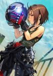  1girl bangs black_pants blue_sky blush breasts brown_eyes brown_hair camouflage_tank_top clothes_around_waist collarbone gloves green_tank_top hankuri helmet justice_gakuen kazama_akira looking_at_viewer motorcycle_helmet pants short_hair skull_print sky small_breasts tank_top 