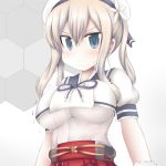  1girl blonde_hair blue_sailor_collar breasts bursting_breasts commentary_request cosplay flower gloves graf_zeppelin_(kantai_collection) grey_eyes hair_between_eyes hair_flower hair_ornament honeycomb_(pattern) honeycomb_background kantai_collection large_breasts long_hair looking_at_viewer ouno_(nounai_disintegration) puffy_short_sleeves puffy_sleeves red_skirt sailor_collar sailor_shirt shirt short_sleeves sidelocks skirt solo twintails undersized_clothes upper_body white_gloves yashiro_(kantai_collection) yashiro_(kantai_collection)_(cosplay) 
