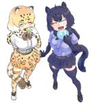  2girls ahoge animal_ears animal_print arm_at_side bangs belt black_hair black_jaguar_(kemono_friends) blonde_hair blush bow bowtie breast_pocket breasts brown_hair cat_girl collaboration commentary_request eating elbow_gloves eyebrows_visible_through_hair food food_on_face full_body fur_scarf gloves hair_between_eyes hand_up happy holding holding_food jaguar_(kemono_friends) jaguar_ears jaguar_girl jaguar_print jaguar_tail japari_bun kemono_friends medium_hair miniskirt multicolored_hair multiple_girls ogami_tadashina open_mouth outstretched_arm outstretched_hand pocket print_gloves print_legwear print_scarf print_skirt purple_shirt scarf shirt shoes short_sleeves simple_background skirt smile spread_fingers standing tail thighhighs tmtkn1 v-shaped_eyebrows white_background white_hair white_shirt zettai_ryouiki 