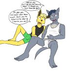  1:1 anthro anthrofied barefoot boxer_briefs briefs bulge clothed clothing dialogue duo eeveelution english_text fuze hi_res jolteon lying male male/male nintendo on_ground on_side pok&eacute;mon pok&eacute;mon_(species) rhydon shirt simple_background sitting tank_top text tighty_whities topwear underwear video_games white_background white_clothing white_underwear 