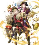  1boy 1girl anchor bangs black_footwear black_skirt blonde_hair boots coat coat_on_shoulders collarbone crown detached_sleeves epaulettes feathers fingernails fire_emblem fire_emblem_fates fire_emblem_heroes full_body gem gold gold_coin grey_hair hat highres holding jewelry knee_boots long_sleeves looking_away necklace official_art open_mouth p-nekor pants pearl_(gemstone) pearl_necklace pirate_hat red_eyes red_legwear short_hair skirt sparkle thigh_boots thighhighs transparent_background treasure treasure_chest veronica_(fire_emblem) xander_(fire_emblem) zettai_ryouiki 