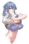  1girl alternate_costume blue_bra blue_hair bra casual eyebrows_visible_through_hair from_side gotland_(kantai_collection) hair_bun highres kantai_collection long_hair looking_at_viewer simple_background smile solo sozan underwear upper_body white_background 