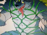  2017 4:3 abs anthro bdsm bondage bound canid canine canis fenrir_(housamo) hi_res kemono male mammal muscular muscular_anthro muscular_male open_mouth sharp_teeth simamanta solo submissive submissive_male teeth tokyo_afterschool_summoners tongue tongue_out video_games wolf 