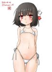  1girl arms_behind_back artist_logo ass_visible_through_thighs bikini black_hair cameltoe collarbone commentary_request dated hair_ribbon highleg highleg_bikini highleg_swimsuit highres ishigaki_(kantai_collection) kantai_collection kotowari_(newtype_kenkyuujo) looking_at_viewer micro_bikini red_eyes red_ribbon ribbon short_hair side-tie_bikini simple_background solo swimsuit twitter_username white_background white_bikini white_ribbon 