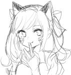  1girl bangs closed_mouth commentary_request d.va_(overwatch) facial_mark fang greyscale hair_ribbon hand_to_own_mouth kawaii_rowa lineart looking_at_viewer monochrome portrait ribbon simple_background smile solo swept_bangs undertale whisker_markings 