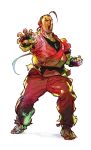 1boy absurdres ahoge barefoot brown_hair capcom clenched_hand dougi fighting_stance fingerless_gloves gloves hibiki_dan highres official_art open_hand open_mouth simple_background solo street_fighter street_fighter_v v-shaped_eyebrows 