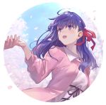  1girl 1other :d blue_sky blush day dress fate/stay_night fate_(series) fingernails framed hair_ribbon holding_hand jacket long_hair long_sleeves matou_sakura open_clothes open_jacket open_mouth outdoors pink_jacket purple_eyes purple_hair red_ribbon ribbon shirabi sky smile white_dress 