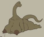  anthro big_breasts big_nipples brachiosaurid brachiosaurus breasts dinosaur female huge_breasts long_neck lying nipples non-mammal_breasts nude overweight overweight_anthro overweight_female reptile sauropod scalie smile solo upai 