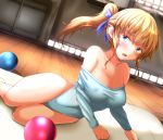  1girl bare_legs bare_shoulders blonde_hair blue_eyes blue_leotard blush breasts cleavage covered_navel covered_nipples gym highres indoors large_breasts leotard long_hair looking_at_viewer lying open_mouth original ponytail solo thighs wide_hips wooden_floor yoriyuki_chiyo 
