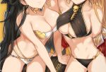  2girls adapted_costume bare_shoulders bikini black_bikini black_hair blonde_hair breasts cleavage cowboy_shot earrings ereshkigal_(fate/grand_order) fate/grand_order fate_(series) head_out_of_frame hoop_earrings ishtar_(fate)_(all) jewelry large_breasts long_hair multiple_girls navel off_shoulder ohland sweat swimsuit underboob very_long_hair white_bikini 