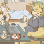  1:1 2020 anthro bed belly bodily_fluids brown_body brown_fur canid canine canis clothing computer convenient_censorship detailed_background domestic_dog duo eyes_closed fur furniture inside kemono male mammal moobs ojijinotete overweight overweight_male pillow shirt sitting sweat topwear towel 