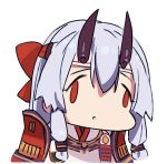  1girl armor bow chibi face_of_the_people_who_sank_all_their_money_into_the_fx fate/grand_order fate_(series) grey_hair hair_bow horns japanese_armor japanese_clothes kimono kusazuri looking_at_viewer meme parted_lips red_bow red_eyes shirabi simple_background solo tomoe_gozen_(fate/grand_order) upper_body white_background 