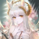  1girl animal_ears arknights bangs bare_shoulders blush chinese_commentary commentary_request criss-cross_halter eyebrows_visible_through_hair halterneck hand_up little_nine long_hair looking_at_viewer nail_polish partial_commentary platinum_(arknights) silver_hair solo upper_body white_nails yellow_eyes 