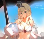  1girl akicosmossakasa ball beachball bikini black_hairband blonde_hair blue_background braid breasts cleavage collarbone commentary_request crown dated french_braid green_eyes hairband highres jacket kantai_collection large_breasts long_hair looking_at_viewer mini_crown solo swimsuit twitter_username upper_body warspite_(kantai_collection) white_bikini white_jacket 