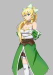  1girl bangs bare_shoulders blonde_hair bracelet breasts bustier cape choker cleavage closed_mouth collarbone detached_sleeves eyebrows_visible_through_hair frown green_cape green_eyes grey_background hair_between_eyes hair_over_shoulder highres jewelry ken-ji large_breasts leafa long_hair long_sleeves pointy_ears shiny shiny_hair shorts simple_background solo standing sword_art_online thighhighs very_long_hair waist_cape white_choker white_legwear white_shorts white_sleeves zettai_ryouiki 