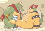  2020 anthro bed belly blush bowser donkey_kong_(series) duo furniture garouzuki green_body hi_res kemono king_k._rool koopa male male/male mario_bros nintendo overweight overweight_male scalie sitting video_games 