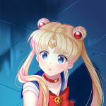  1girl bishoujo_senshi_sailor_moon blonde_hair blue_eyes blue_sailor_collar bow bowtie breasts choker circlet cleavage collarbone crescent crescent_earrings double_bun earrings eyebrows_visible_through_hair floating_hair hair_intakes hair_ornament heart heart_choker jewelry long_hair open_mouth orihimestudio red_bow red_choker red_neckwear sailor_collar sailor_moon sailor_moon_redraw_challenge sleeveless solo twintails upper_body very_long_hair watermark 