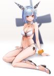  1girl azur_lane bangs bikini black_bikini blue_hair breasts collarbone cross cross_necklace flower front-tie_bikini front-tie_top full_body gascogne_(azur_lane) gascogne_(beach_adaptive_armor)_(azur_lane) hair_flower hair_ornament headgear highres jewelry large_breasts layered_bikini looking_at_viewer navel necklace open_mouth sandals scrunchie short_hair side-tie_bikini sitting solo spica_(starlitworks) swimsuit white_bikini white_flower wrist_scrunchie yellow_eyes yellow_sclera yokozuwari 