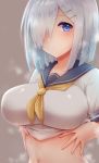  1girl bangs blue_eyes blush breasts gloves hair_ornament hair_over_one_eye hairclip hamakaze_(kantai_collection) highres kantai_collection kyuunosuke_(lactis09) large_breasts looking_at_viewer navel neckerchief school_uniform serafuku short_hair short_sleeves silver_hair simple_background white_gloves yellow_neckwear 