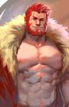  1boy abs bara beard cape chest facial_hair fate/zero fate_(series) highres iskandar_(fate) jang_ju_hyeon looking_at_viewer male_focus manly muscle nipples pectorals red_eyes red_hair shirtless smile solo upper_body 
