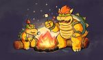  2020 anthro belly biped bowser bowser_jr. campfire charlieartsy duo eyes_closed fire hi_res koopa mario_bros night nintendo overweight scalie sitting video_games 