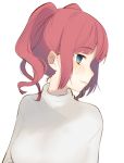  1girl arms_at_sides bangs blush breasts closed_mouth commentary_request grey_sweater kawaii_rowa looking_to_the_side medium_breasts mole mole_under_eye original profile red_hair short_hair sidelocks simple_background solo sweater turtleneck turtleneck_sweater upper_body white_background 