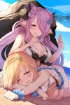  2girls absurdres ass bangs beach blonde_hair blue_sky blush braid breasts brown_eyes cleavage collarbone commentary_request day djeeta_(granblue_fantasy) draph granblue_fantasy hair_ornament hair_over_one_eye hairband highres horns large_breasts long_hair lying lying_on_lap lying_on_person multiple_girls narmaya_(granblue_fantasy) ocean one_eye_closed open_mouth outdoors pointy_ears purple_eyes purple_hair rock seiza shade short_hair sitting sky sweat very_long_hair yamato_(muchuu_paradigm) 