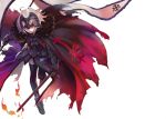  1girl ahoge banner black_legwear blonde_hair boots cape fate/grand_order fate_(series) fire fur-trimmed_cape fur_trim gauntlets headpiece holding holding_sword holding_weapon jeanne_d&#039;arc_(alter)_(fate) jeanne_d&#039;arc_(fate)_(all) looking_at_viewer negative_space parted_lips red_cape shirabi short_hair simple_background solo sword thighhighs waist_cape weapon white_background yellow_eyes 