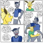  1:1 anthro anthrofied blush bottomwear briefs bulge clothed clothing comic dialogue duo eeveelution embarrassed english_text fully_clothed furgonomics fuze hi_res jolteon male male/male nintendo pants pok&eacute;mon pok&eacute;mon_(species) rhydon shirt simple_background spanking t-shirt text tighty_whities topwear underwear video_games white_background white_clothing white_underwear 