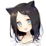  1girl :d animal_ears bangs black_straps blue_eyes blush cat_ears english_commentary fang head_tilt hood hood_down kawaii_rowa long_hair looking_at_viewer open_mouth original parted_bangs portrait simple_background smile solo spaghetti_strap white_background white_hoodie |_| 