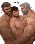  3boys abs bara beard body_hair brown_hair chest english_text facial_hair grey_hair hug jang_ju_hyeon looking_at_another male_focus manly multiple_boys muscle nipples original pectoral_docking pectoral_grab pectorals simple_background smile upper_body yaoi 