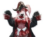  1girl bangs black_coat buttons coat crop_top embroidery epaulettes eyepatch gold_trim hair_ribbon hat highres hololive houshou_marine long_hair looking_at_viewer midriff off_shoulder osakana_(denpa_yun&#039;yun) pirate_costume pirate_hat red_eyes red_hair red_ribbon red_shirt ribbon shirt solo twintails virtual_youtuber white_background yellow_eyes 