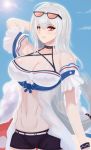  1girl arknights bangs blue_sky breasts cleavage cloud commentary_request day eyewear_on_head grin hair_between_eyes highres large_breasts lieyan_huangzi long_hair looking_at_viewer navel red_eyes silver_hair skadi_(arknights) sky smile solo stomach sunglasses very_long_hair 