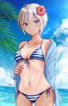  1girl anastasia_(idolmaster) arm_behind_back bangs bikini bikini_under_clothes blue_bikini blue_eyes blue_jacket blue_sky blush breasts closed_mouth cloud collarbone commentary_request cowboy_shot dark_skin day eyebrows_visible_through_hair flower front-tie_bikini front-tie_top gen_(enji) groin hair_between_eyes hair_flower hair_ornament halter_top halterneck hand_up hibiscus highres horizon idolmaster idolmaster_cinderella_girls jacket lens_flare long_sleeves looking_at_viewer medium_breasts navel ocean off_shoulder one-piece_tan open_clothes open_jacket outdoors palm_leaf red_flower short_hair side-tie_bikini silver_hair single_bare_shoulder sky smile solo standing stomach string_bikini striped striped_bikini sunlight swimsuit tan tanline twitter_username underboob water 