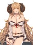  1girl :d ahoge anila_(granblue_fantasy) arm_behind_back arm_support bangs bare_shoulders belt bikini blonde_hair blush breasts cleavage collarbone commentary_request detached_sleeves frills granblue_fantasy highres horns large_breasts long_hair looking_at_viewer navel open_mouth sheep_horns siu_(siu0207) smile standing stomach strapless strapless_bikini swimsuit thigh_strap thighs underboob very_long_hair white_background white_bikini yellow_eyes 