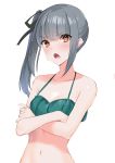  1girl bikini brown_eyes crossed_arms frilled_bikini frills green_bikini grey_hair highres kantai_collection kasumi_(kantai_collection) long_hair looking_at_viewer mizuki_eiru_(akagi_kurage) side_ponytail simple_background solo swimsuit upper_body white_background 