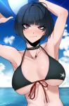  1girl ball bangs beachball bikini black_bikini black_hair choker english_commentary eyebrows_visible_through_hair holding holding_ball j.k. looking_at_viewer persona persona_5 red_eyes short_hair solo spiked_choker spikes swimsuit takemi_tae 