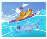  anthro arm_support avian bikini clothing cloud dragon duo european_mythology female friendship_is_magic greek_mythology hand_on_hip hi_res hippogriff leaning_on_elbow lying my_little_pony mythological_avian mythology on_side one-night silverstream_(mlp) sky smolder_(mlp) spade_tail surfboard swimwear underwater vehicle water watercraft wide_hips 