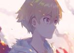  1boy blonde_hair blurry blurry_background child_gilgamesh closed_mouth commentary depth_of_field embers fate/stay_night fate_(series) from_side hair_between_eyes jewelry male_focus necklace portrait red_eyes shirabi smile solo upper_body 