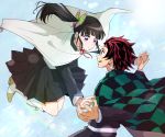  1boy 1girl :d :o black_hair black_jacket black_skirt blue_sky boots brown_eyes brown_hair butterfly_hair_ornament cape checkered_cape commentary_request eye_contact hair_ornament holding_hands jacket kamado_tanjirou kimetsu_no_yaiba long_hair looking_at_another open_mouth outdoors purple_eyes san_mon side_ponytail skirt sky smile sunlight tsuyuri_kanao white_cape white_footwear 