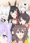  6+girls absurdres ahoge amatsubu_an animal_ear_fluff animal_ears bangs bare_shoulders bell black_hair black_shirt bone_hair_ornament braid brown_eyes brown_hair cat_ears cat_girl choker closed_eyes collar commentary_request dog_ears dog_girl eyebrows_visible_through_hair fangs fox_ears fox_girl hair_bell hair_between_eyes hair_ornament highres hololive horns inugami_korone jacket long_hair looking_at_viewer multicolored_hair multiple_girls nakiri_ayame neckerchief nekomata_okayu oni_horns ookami_mio oozora_subaru open_mouth out_of_frame purple_eyes purple_hair red_choker red_hair shirakami_fubuki shirt short_hair sidelocks single_braid swept_bangs twin_braids two-tone_hair virtual_youtuber white_hair white_hoodie wolf_ears wolf_girl yellow_jacket 