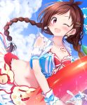  1girl ayase_midori bangs bikini blush bow braid breasts brown_hair cleavage cloud cloudy_sky commentary_request dutch_angle earrings eyebrows_visible_through_hair floating_hair hair_bow hair_ornament holding idolmaster idolmaster_cinderella_girls jewelry long_hair looking_at_viewer medium_breasts navel necklace one_eye_closed open_mouth purple_eyes red_bikini rubber_band sidelocks sky solo swept_bangs swimsuit tsujino_akari twin_braids water 