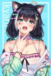 ! 1girl animal_ear_fluff animal_ears aqua_bow bangs bare_shoulders black_hair blue_background blush bow breasts camisole cat_ears cat_girl cenangam character_name cleavage collar collarbone eyebrows_visible_through_hair facial_tattoo green_eyes hair_between_eyes hair_bow hair_ornament hairclip hand_up heart highres jacket karyl_(princess_connect!) long_hair looking_at_viewer low_twin_braids low_twintails medium_breasts multicolored multicolored_hair multicolored_nails off_shoulder open_mouth pink_bow pink_collar princess_connect! princess_connect!_re:dive solo spoken_exclamation_mark star_(symbol) streaked_hair tattoo tied_hair twintails two-tone_hair upper_body white_hair 