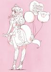  1girl :3 balloon bangs bow chanosuke dress gloves hair_bow high_heels idolmaster idolmaster_cinderella_girls long_hair monochrome moroboshi_kirari open_mouth pink_background solo star-shaped_pupils star_(symbol) symbol-shaped_pupils tail thighhighs twintails 