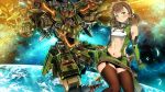  1girl bangs brown_hair chain clenched_hand garimpeiro glowing glowing_eyes hair_rings hand_on_hip highres long_hair looking_at_viewer mecha midriff midriff_cutout navel open_mouth orange_eyes original pilot_suit thighhighs 