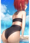  1girl ange_katrina ass bangs bare_arms bare_shoulders bikini black_bikini blue_eyes blush closed_mouth commentary_request cowboy_shot dated day from_behind hair_between_eyes halter_top halterneck highres hirota_fruit horizon leaning_forward looking_away nijisanji ocean outdoors profile red_hair signature solo standing swimsuit twitter_username virtual_youtuber water wet 